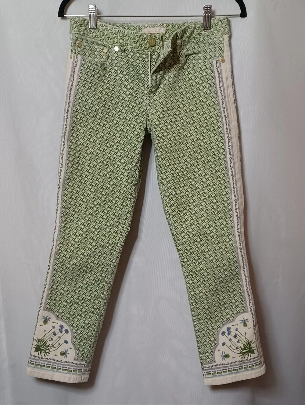 Tory Burch Botanical Light Green MIA Slim Boot Cut Denim Jeans. Size 28